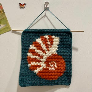 Crocheted Nautilus Shell Wall Hanging, Teal Coastal Beach Decor, Acrylic Yarn Tapestry