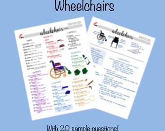 Puede incluir: Dos páginas de notas escritas a mano sobre un fondo azul con el texto "HVTC vs NPTE Wheelchairs" en la parte superior. Las páginas contienen información sobre sillas de ruedas, dispositivos y controles. El texto "With 20 sample questions!" está en la parte inferior de la imagen.
