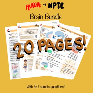 Op de afbeelding: Een set van 20 pagina's met studie-aantekeningen voor het HUTCH vs NPTE Brain Bundle examen. De pagina's zijn in zwart-wit gedrukt en bevatten diagrammen en tekst. De tekst bevat de woorden "anatomie & spasticiteit", "cerebrovasculair accident", "open", "wolk", "voorhersenen", "beroerte", "vacht", "referentie", "hemis", "links", "comp", "frontaal", "consig", "Glasgow Coma Scale", "flexi", "neuro", "20 pagina's", "met 50 voorbeeldvragen!"