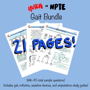 Könnte beinhalten: Ein blauer Hintergrund mit einem weißen Textüberlagerung, der "HUTCH vs NPTE Gait Bundle 21 PAGES!" mit 45 Beispielfragen lautet. Der Text ist in rot und blau gehalten. Das Bild enthält außerdem drei Seiten eines Studienleitfadens mit Illustrationen verschiedener Gangarten.
