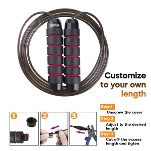 May include: A jump rope with a dark brown cable and two black handles featuring pink foam grips. The brand name JODANI is printed on the handle. Text reads: Customize to your own length, Step 1 Unscrew the cover, Step 2 Adjust to the desired length, Step 3 Cut off the excess length and tighten.