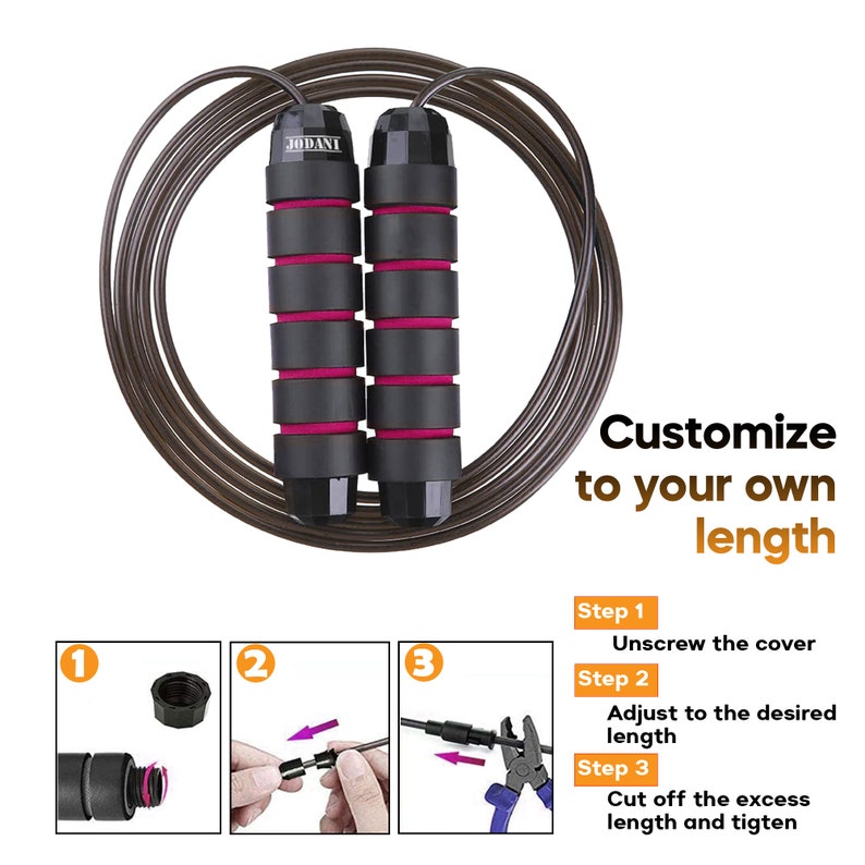 May include: A jump rope with a dark brown cable and two black handles featuring pink foam grips. The brand name JODANI is printed on the handle. Text reads: Customize to your own length, Step 1 Unscrew the cover, Step 2 Adjust to the desired length, Step 3 Cut off the excess length and tighten.