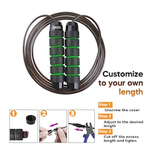 May include: A jump rope with a dark brown cable and two black handles featuring green foam grips. The brand name JODANI is printed on the handles. Text reads: Customize to your own length, Step 1 Unscrew the cover, Step 2 Adjust to the desired length, Step 3 Cut off the excess length and tighten.