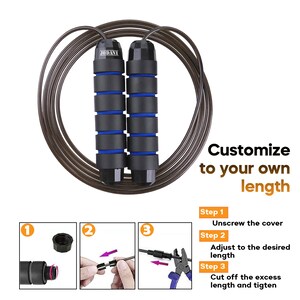 May include: A jump rope with a translucent brown cable and two black handles featuring blue foam grips. The brand name JODANI is printed on one handle. Text reads: Customize to your own length, Step 1 Unscrew the cover, Step 2 Adjust to the desired length, Step 3 Cut off the excess length and tighten.