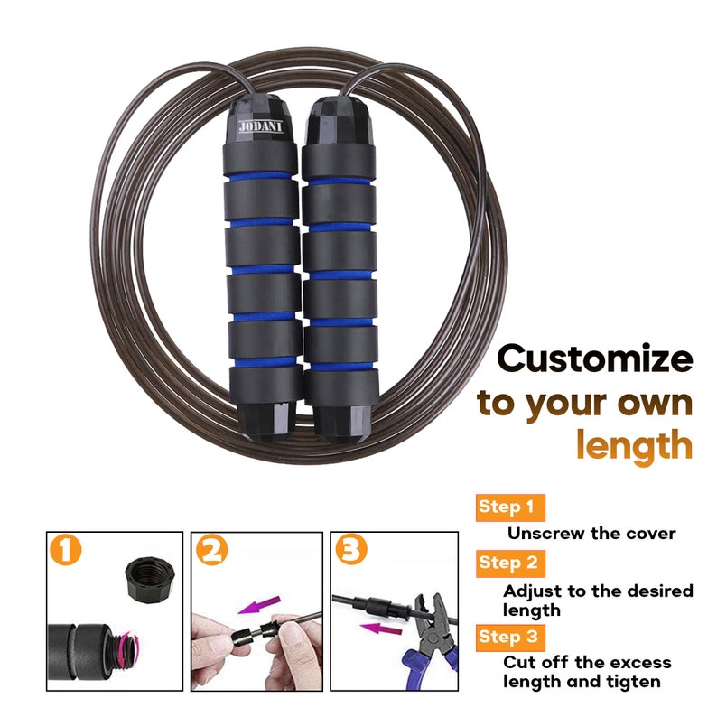 May include: A jump rope with a translucent brown cable and two black handles featuring blue foam grips. The brand name JODANI is printed on one handle. Text reads: Customize to your own length, Step 1 Unscrew the cover, Step 2 Adjust to the desired length, Step 3 Cut off the excess length and tighten.