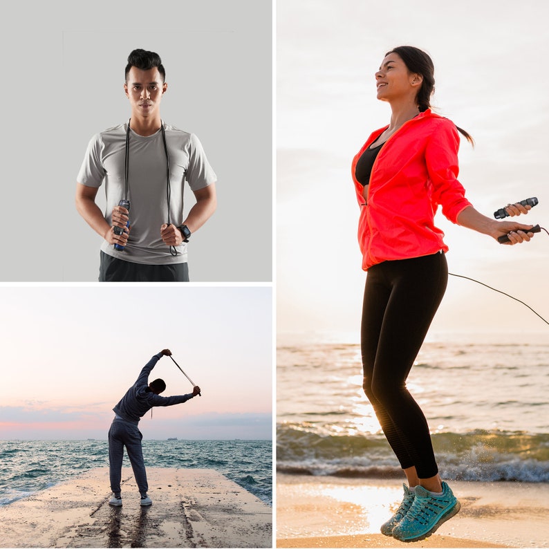 May include: A black jump rope with ergonomic handles used for exercise. The rope features a durable cord and textured grips, designed for cardiovascular training. It is shown in various settings, including indoor and outdoor environments for fitness.