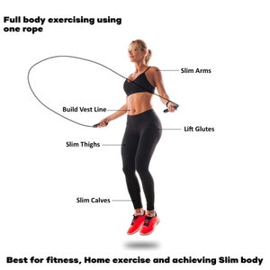 May include: A black jump rope with handles being used for exercise. The image includes text: Full body exercising using one rope, Slim Arms, Build Vest Line, Lift Glutes, Slim Thighs, Slim Calves, and Best for fitness, Home exercise and achieving Slim body.