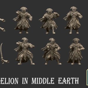 K&ouml;nnte beinhalten: Ein Set aus acht 3D-gedruckten Miniaturen von Elfen in verschiedenen Posen, die Schwerter und Speere halten. Die Miniaturen sind in hellgrau bemalt und haben komplizierte Details. Die Miniaturen sind Teil eines Fantasy-Rollenspiels.
