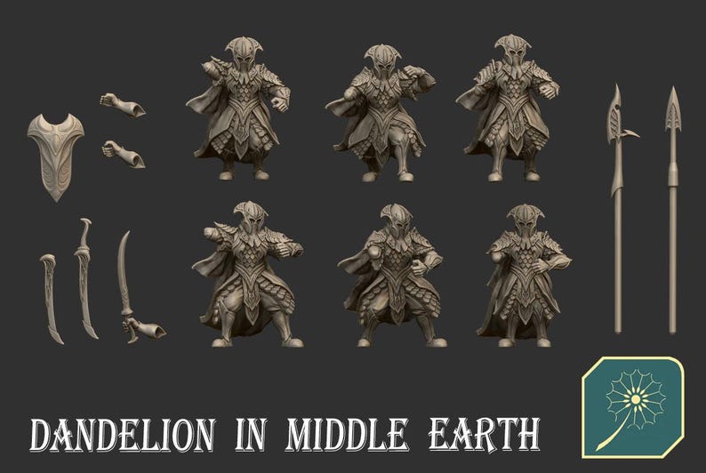 K&ouml;nnte beinhalten: Ein Set aus acht 3D-gedruckten Miniaturen von Elfen in verschiedenen Posen, die Schwerter und Speere halten. Die Miniaturen sind in hellgrau bemalt und haben komplizierte Details. Die Miniaturen sind Teil eines Fantasy-Rollenspiels.
