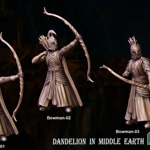 May include: Three miniature figures of archers, each wearing a helmet and holding a bow and arrow. The figures are painted in a bronze colour and are posed in a dynamic action stance. The figures are labelled "Bowman-01", "Bowman-02", and "Bowman-03". The text "DANDELION IN MIDDLE EARTH" is also visible in the image.