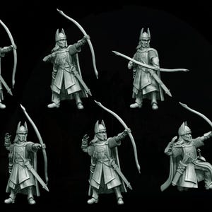 May include: Miniature figures of archers in armour, holding bows and arrows, are displayed against a black background. The figures are in various poses, with some aiming and others drawing their bows. The figures are part of a fantasy theme.
