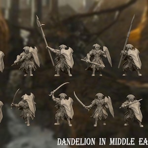 Może przedstawiać: Zestaw 12 miniaturowych figurek, pomalowanych na jasnoszary kolor, przedstawiających wojowników z mieczami i tarczami. Figurki są ustawione w różnych pozach bojowych i ułożone w dwóch rzędach. Figurki są oznaczone "Dandelion in Middle Earth".