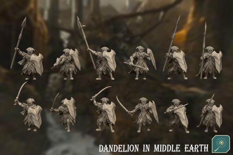 K&ouml;nnte beinhalten: Ein Set mit 12 Miniaturfiguren, die in hellgrau bemalt sind und Krieger mit Schwertern und Schilden darstellen. Die Figuren sind in verschiedenen Kampfstellungen angeordnet und in zwei Reihen angeordnet. Die Figuren sind mit "Dandelion in Middle Earth" beschriftet.