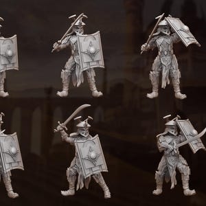 May include: Six grey miniature figures of armoured warriors, each holding a sword and shield. The shields have a sunburst design. The figures are posed in various action stances. The image has a green and white logo that says "Dandelion in Middle Earth."