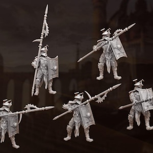 Puede incluir: Una colección de figuras de fantasía en miniatura, cada una vestida con armadura y empuñando una lanza y un escudo. Las figuras son de color neutro, con diseños detallados. El fondo presenta una imagen borrosa de un castillo. El texto "Dandelion in Middle Earth" es visible.