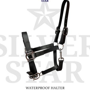 May include: A black waterproof halter made of PVC-coated webbing with silver-colored metal hardware, including buckles and rings. The product is labeled SILVER STAR and described as a waterproof halter made of PVC-coated webbing Raven Black.