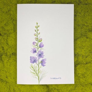 Delphinium (espuela de caballero): tarjeta de felicitación pintada a mano con acuarela
