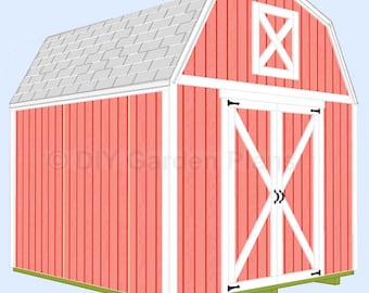 May include: A red wooden shed with a white door and a white window. The shed has a gray roof and a green base.