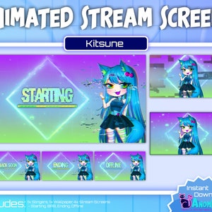 Animated Kitsune Fox Stream Screens | Stinger | Wallpaper | Blue