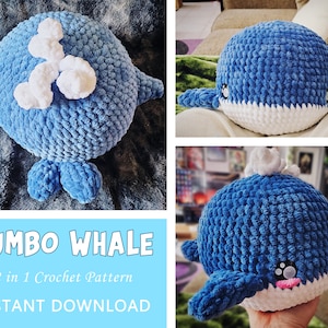 Puede incluir: Un patrón de crochet para un juguete de peluche de ballena jumbo. El patrón está disponible para descarga instantánea e incluye instrucciones para hacer dos versiones diferentes de la ballena, una con un diseño simple y otra con un diseño más detallado. La ballena es azul con detalles blancos.