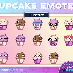 Op de afbeelding: Een set van 14 cupcake-emoticons met verschillende uitdrukkingen, waaronder huilen, knipogen, verrast, boos en verliefd. De cupcakes zijn paars en wit met bruine, roze en witte frosting. De tekst "Cupcake Emotes" en "Includes: 14x Cupcake Emotes 3x Sizes - 112, 56, 20" staat onderaan de afbeelding.