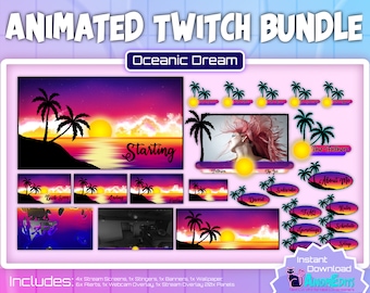 Puede incluir: Paquete de Twitch animado con un tema de sueño oceánico. El paquete incluye 4 pantallas de transmisión, 1 stinger, 1 banner, 1 fondo de pantalla, 6 alertas, 1 superposición de cámara web, 1 superposición de transmisión y 20 paneles.