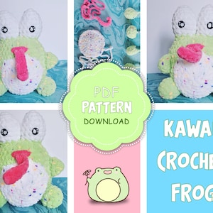 Peut inclure: Une peluche en crochet vert et blanc avec une langue rose, de grands yeux blancs et de petites pupilles noires. La grenouille a un motif tacheté et est montrée sous plusieurs angles. Le texte sur l'image indique "PDF PATTERN DOWNLOAD" et "KAWAII CROCHET FROG."