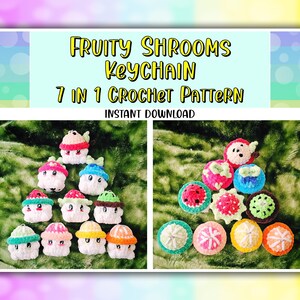 May include: A crochet pattern for 7 different fruit-shaped mushroom keychains. The keychains are made in various colors, including red, green, yellow, blue, and orange. The pattern is called "Fruity Shrooms Keychain 7 in 1 Crochet Pattern" and is available for instant download.