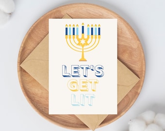 Funny Hanukkah Card Hanukkah Get Lit Hanukkah Gifts Hanukkah Menorah Funny Jewish Sayings Unique Chanukah Gifts Lets Get Lit Jewish Holiday