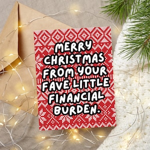 Weihnachtskarte Eltern, Weihnachtskarte für Mama, Papa, Weihnachtskarte, Geschenk von Tochter, Geschenk vom Sohn, finanzielle Belastung, Snarky Card Xmas