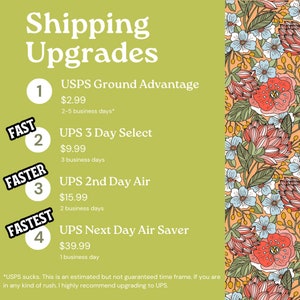 Puede incluir: Un gr&aacute;fico verde y blanco con un borde floral. El gr&aacute;fico enumera cuatro opciones de env&iacute;o con precios y tiempos de entrega estimados. Las opciones son USPS Ground Advantage, UPS 3 Day Select, UPS 2nd Day Air y UPS Next Day Air Saver. El gr&aacute;fico incluye el texto "Shipping Upgrades" y "*USPS sucks. This is an estimated but not guaranteed time frame. If you are in any kind of rush, I highly recommend upgrading to UPS."