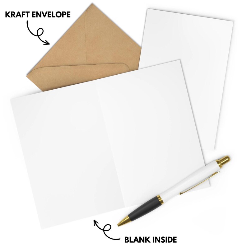 May include: A blank greeting card with a kraft envelope. The card is folded in half and has a blank inside for writing a message. The envelope is brown and has the words "Kraft Envelope" printed on it.