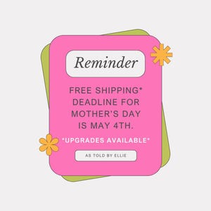 May include: A pink rectangular graphic with rounded corners, a green border, and two orange flower accents. The text "Reminder" is at the top, followed by text about Mother's Day. The text "As Told By Ellie" is at the bottom.