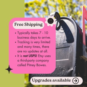 May include: Pink and white graphic with the text "Free Shipping" and details about shipping times and methods. The graphic is overlaid on a photo of a black mailbox with a red flag.