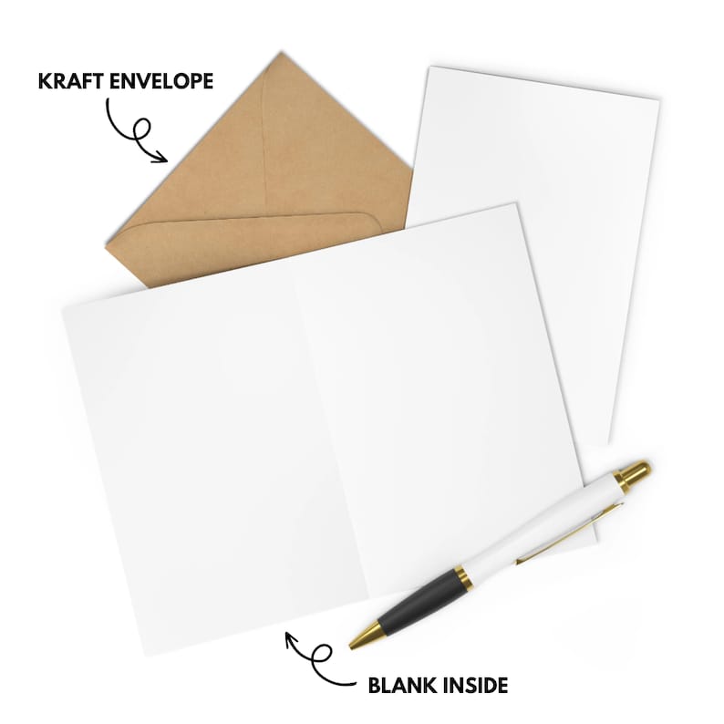 May include: A blank greeting card with a kraft envelope and a black pen. The card is folded in half and the envelope is open. The text "BLANK INSIDE" is written on the card.