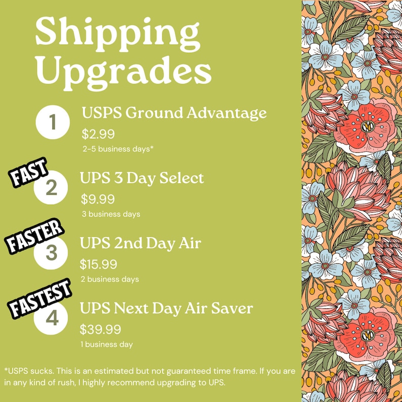 Puede incluir: Un gr&aacute;fico verde y blanco con el texto "Shipping Upgrades" y cuatro opciones de actualizaci&oacute;n de env&iacute;o con sus precios y tiempos de entrega estimados. Las opciones son: USPS Ground Advantage, UPS 3 Day Select, UPS 2nd Day Air y UPS Next Day Air Saver. El gr&aacute;fico se coloca sobre un fondo con un patr&oacute;n floral.