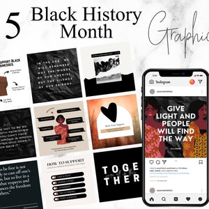 May include: A set of 15 social media graphics for Black History Month. The graphics feature quotes, illustrations, and text about supporting Black-owned businesses, celebrating Black culture, and promoting equality. The graphics are designed in a modern and minimalist style with a black and white color scheme.