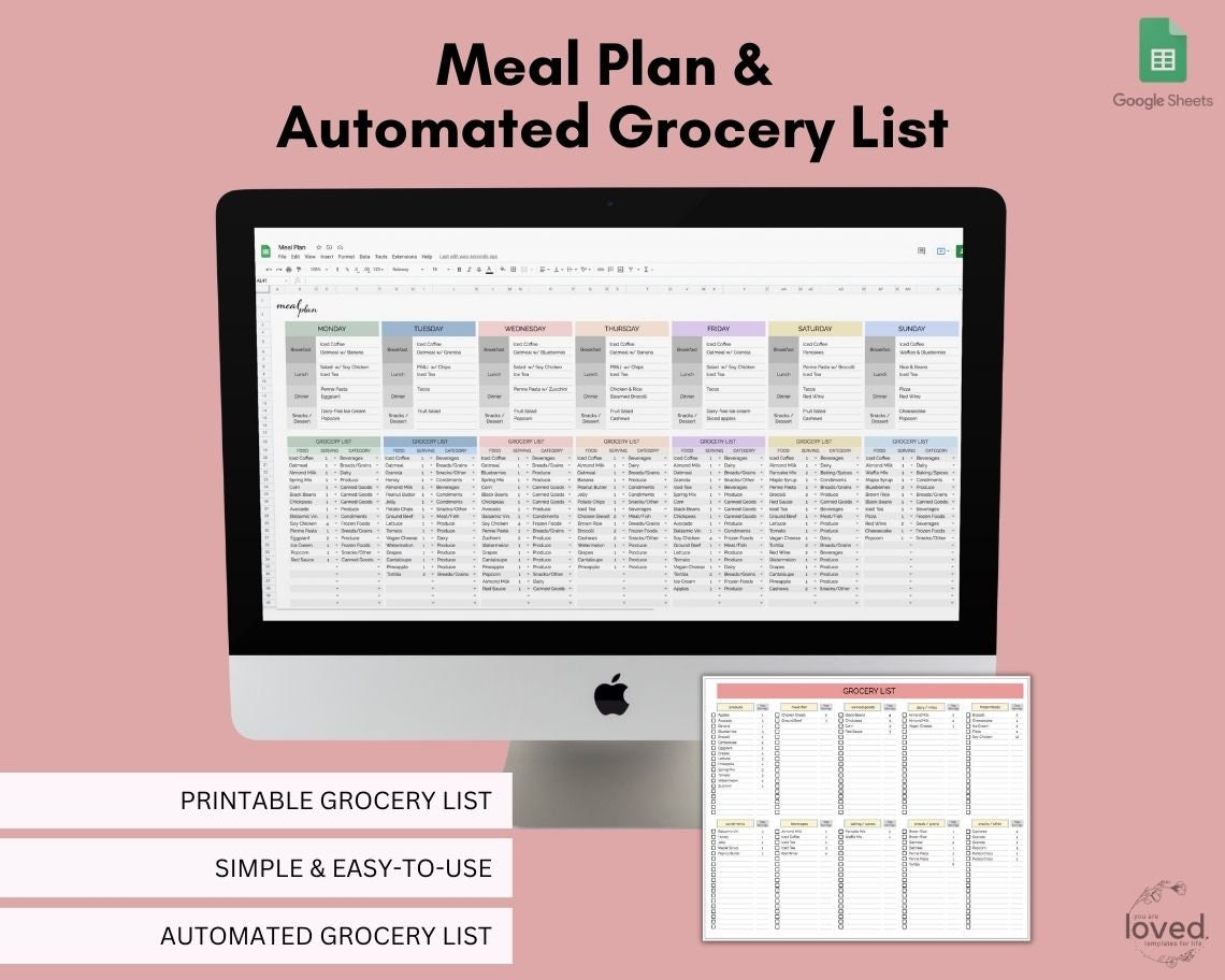 Meal Planner & Automated Grocery List | Meal Planner | Meal Prep | Grocery List | Weekly Grocery List Template | Google Sheet | Printable