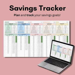 Puede incluir: Una hoja de cálculo de Google Sheets en la pantalla de un ordenador portátil muestra una plantilla de seguimiento de ahorros. La plantilla está dividida en cinco secciones, cada una con un esquema de color diferente. Cada sección tiene un título, "Ahorros Uno", "Ahorros Dos", "Ahorros Tres", "Ahorros Cuatro" y "Ahorros Cinco". La plantilla incluye campos para el objetivo, la fecha límite, los ingresos ahorrados, el importe ahorrado y el importe a ahorrar por día. La plantilla también incluye una sección para "Planificar y Seguir" con campos para la fecha, el importe a ahorrar y una casilla de verificación para marcar cuando el importe se ha ahorrado. La plantilla está diseñada para ayudar a los usuarios a realizar un seguimiento de sus objetivos de ahorro y su progreso.