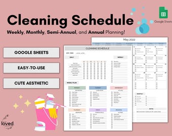 Lista de verificación del horario de limpieza semanal / Horario de limpieza / Horario de limpieza mensual / Hojas de cálculo de Google / Planificador de limpieza editable / Limpieza