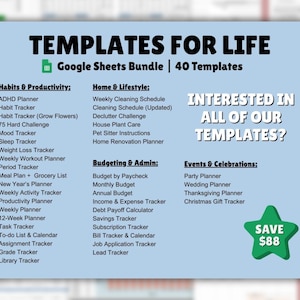 Templates for Life Bundle | Google Sheets | Habit Tracker | Mood Tracker | Meal Planner | Workout Planner | Cleaning Schedule | Budgeting
