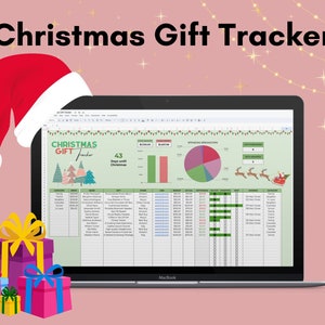 May include: A laptop computer displaying a Christmas gift tracker spreadsheet with a green and white background. The spreadsheet includes a list of people, gift ideas, and a budget. The spreadsheet also includes a pie chart showing spending breakdown. The laptop is on a pink background with a red Santa hat and wrapped presents.