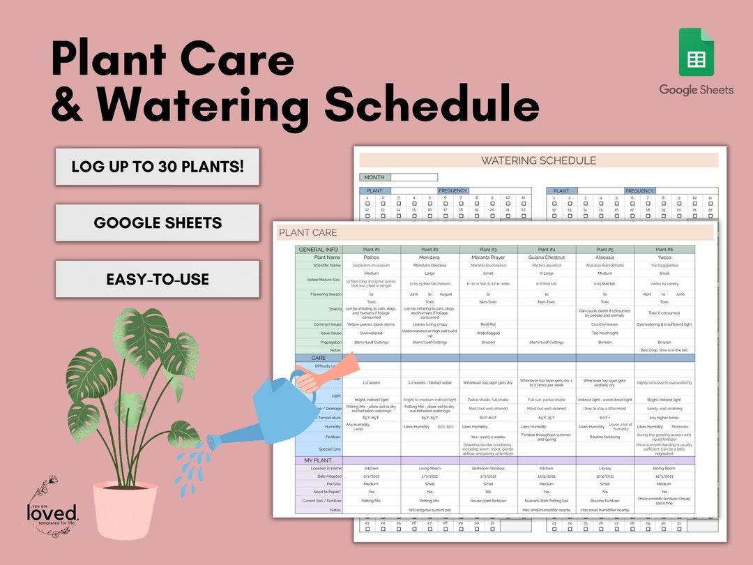 House Plant Care & Watering Schedule Plant Care Spreadsheet Etsy