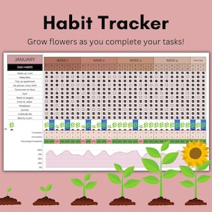 May include: A printable habit tracker for January with a flower theme. The tracker includes daily habits such as waking up at 7 am, making the bed, tidying up the apartment, and going to the gym. The tracker is divided into four weeks and includes a progress bar to track completion.