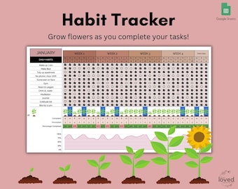 May include: A printable habit tracker for January with a flower theme. The tracker includes daily habits such as waking up at 7 am, making the bed, tidying up the apartment, and going to the gym. The tracker is divided into four weeks and includes a progress bar to track completion.