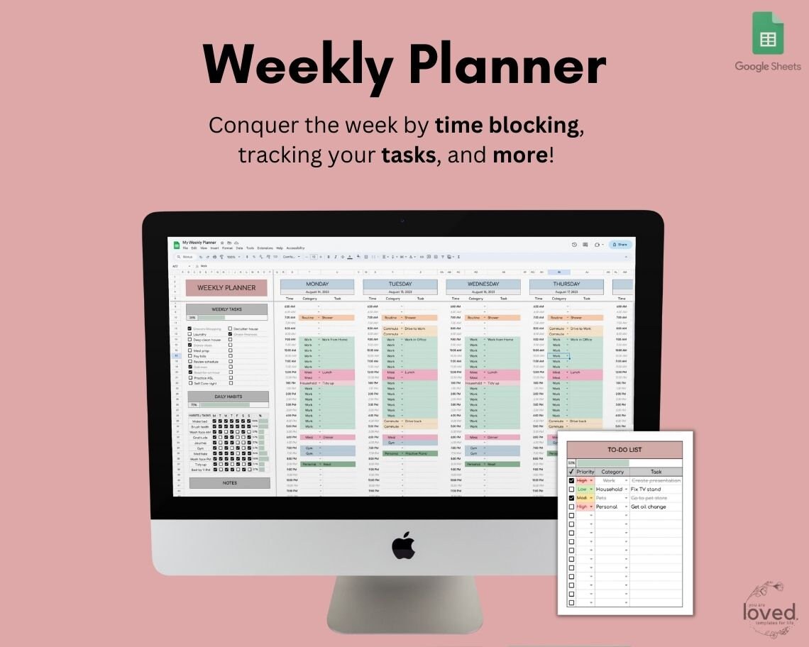 Weekly Planner | Google Sheets Template | Weekly Schedule | Weekly Schedule Planner | Time blocking | To Do List