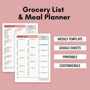 Grocery List | Meal Planner | Market List | Weekly Grocery List Template | Grocery List Google Sheet | Cute Grocery List | Printable