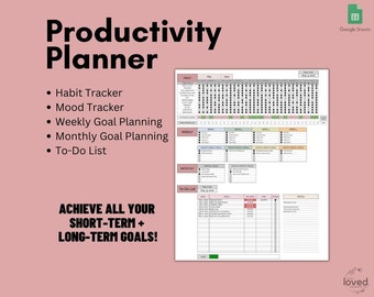 Productivity Planner | Habit Tracker | To Do List | Mood Tracker | Google Sheets | Daily, Weekly, and Monthly Planner | ADHD Digital Planner