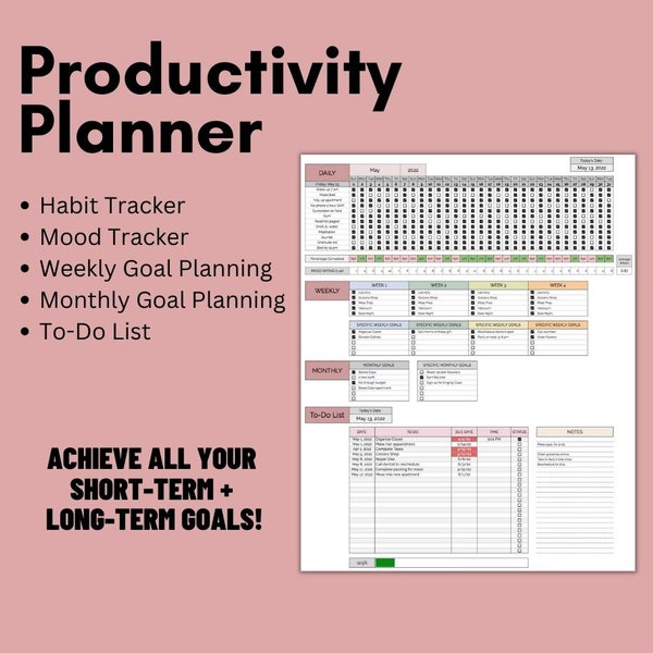 Productivity Planner | Habit Tracker | To Do List | Mood Tracker | Google Sheets | Daily, Weekly, and Monthly Planner | ADHD Digital Planner