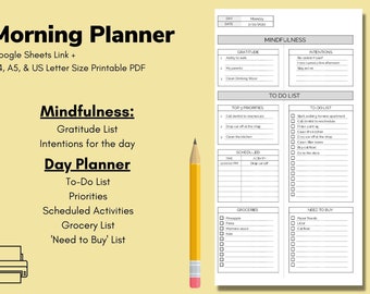 Morning Planner & To-Do List | To Do List | Morning Mindfulness | Printable | Printable PDF | Google Sheets | A4, A5, US Letter Size